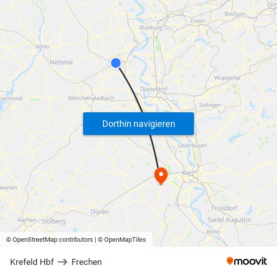 Krefeld Hbf to Frechen map