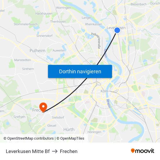 Leverkusen Mitte Bf to Frechen map