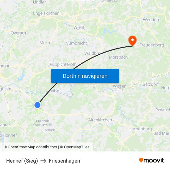 Hennef (Sieg) to Friesenhagen map