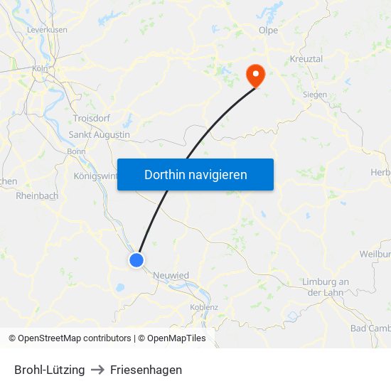 Brohl-Lützing to Friesenhagen map