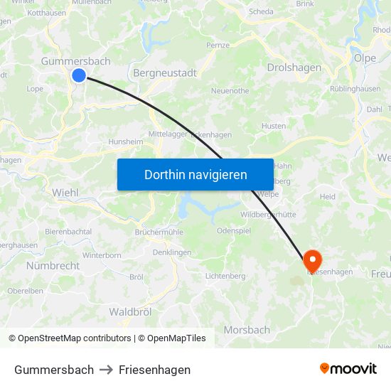 Gummersbach to Friesenhagen map