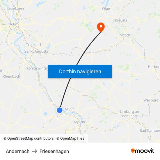 Andernach to Friesenhagen map