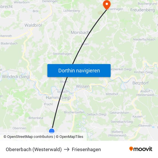 Obererbach (Westerwald) to Friesenhagen map