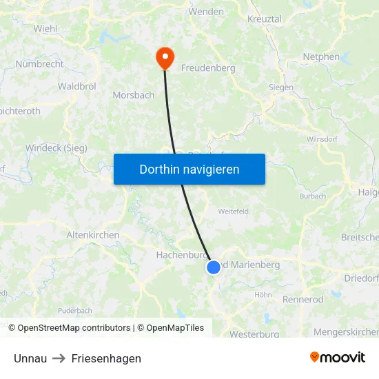 Unnau to Friesenhagen map