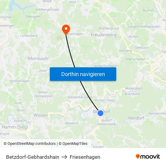 Betzdorf-Gebhardshain to Friesenhagen map