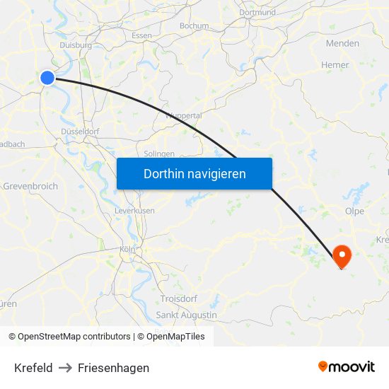 Krefeld to Friesenhagen map