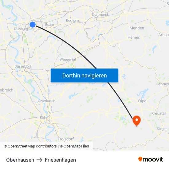 Oberhausen to Friesenhagen map