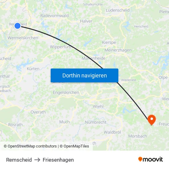 Remscheid to Friesenhagen map