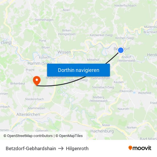 Betzdorf-Gebhardshain to Hilgenroth map