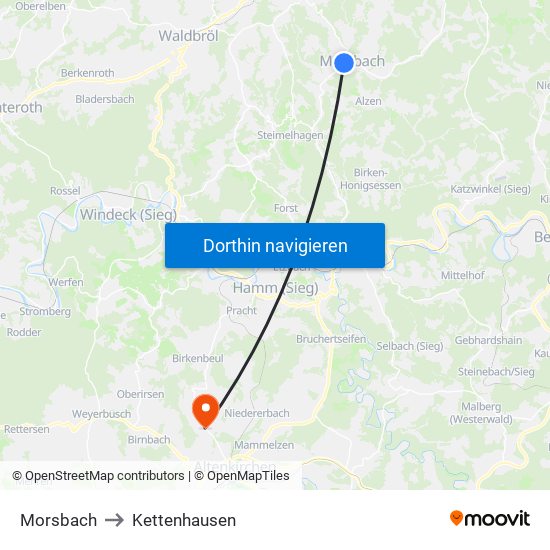 Morsbach to Kettenhausen map