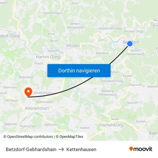 Betzdorf-Gebhardshain to Kettenhausen map