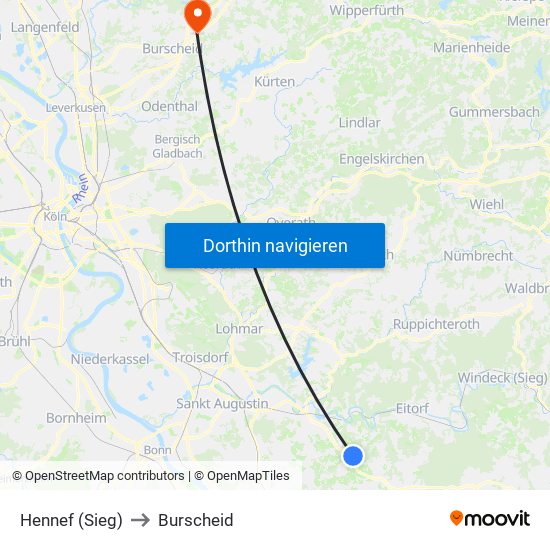 Hennef (Sieg) to Burscheid map