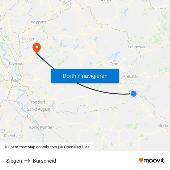Siegen to Burscheid map