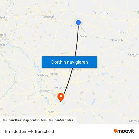 Emsdetten to Burscheid map