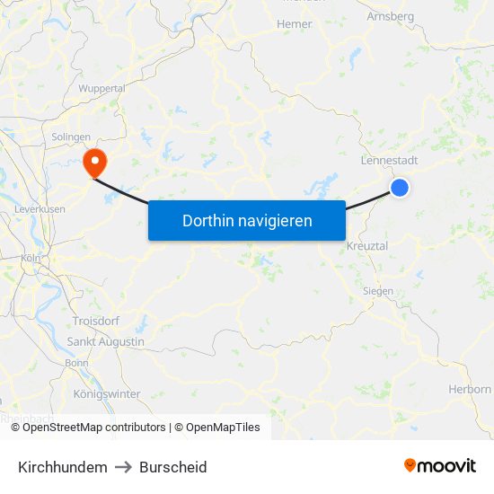 Kirchhundem to Burscheid map
