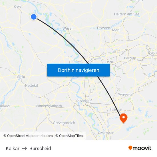 Kalkar to Burscheid map