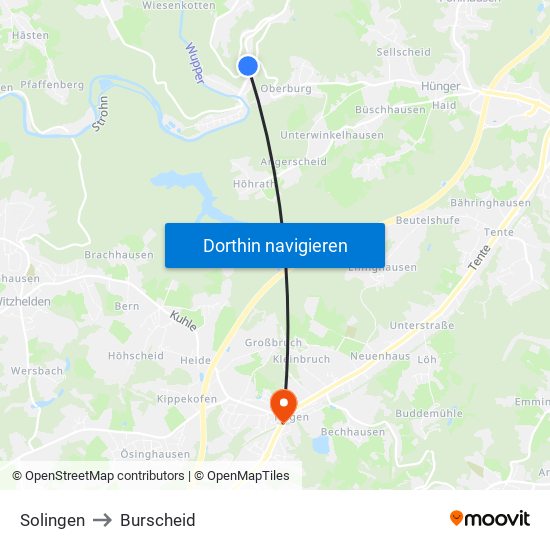 Solingen to Burscheid map