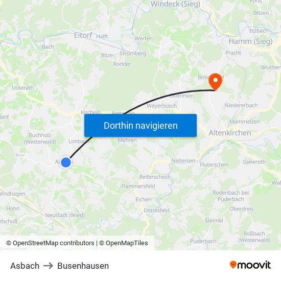 Asbach to Busenhausen map