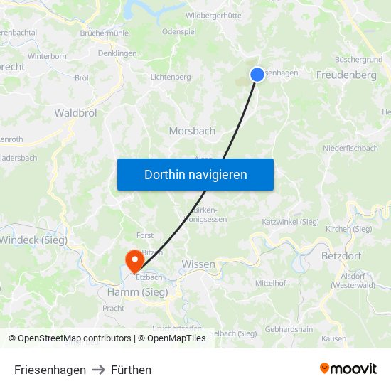 Friesenhagen to Fürthen map