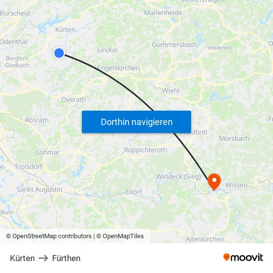 Kürten to Fürthen map