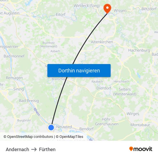 Andernach to Fürthen map