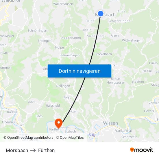 Morsbach to Fürthen map