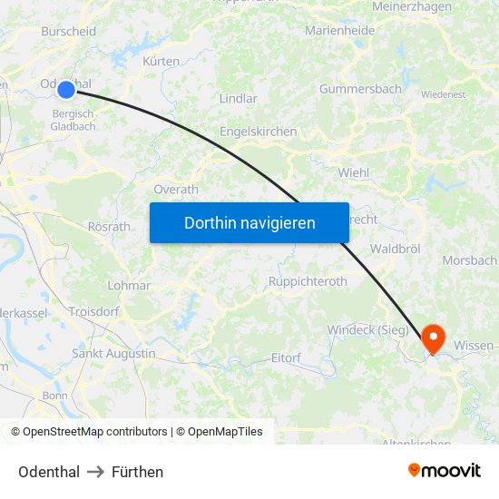 Odenthal to Fürthen map