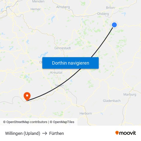 Willingen (Upland) to Fürthen map