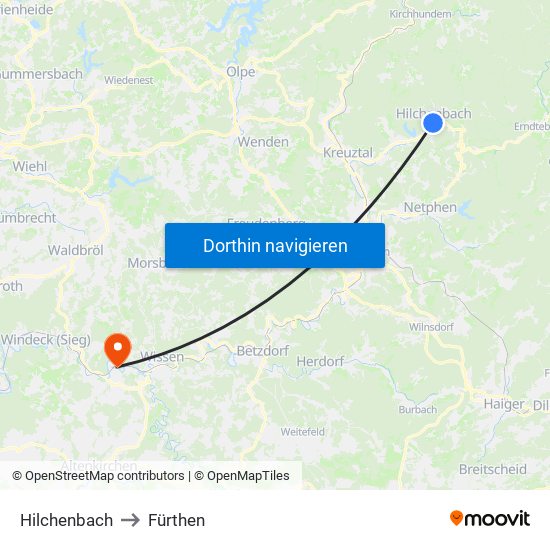 Hilchenbach to Fürthen map