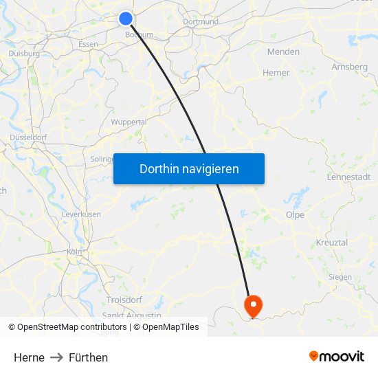 Herne to Fürthen map