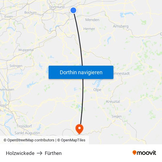 Holzwickede to Fürthen map