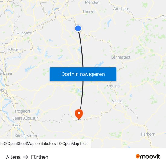 Altena to Fürthen map