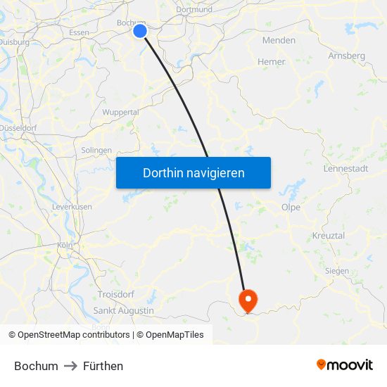Bochum to Fürthen map