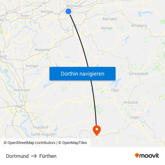 Dortmund to Fürthen map