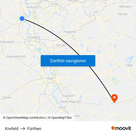 Krefeld to Fürthen map