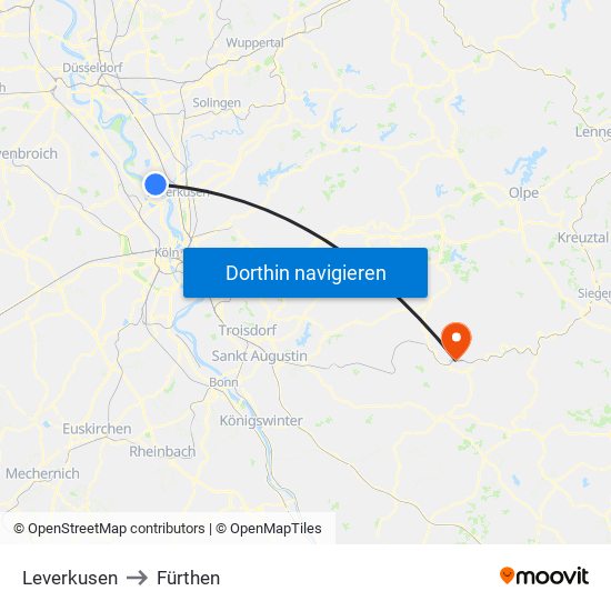 Leverkusen to Fürthen map