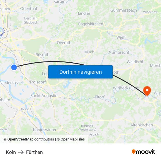 Köln to Fürthen map