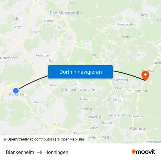 Blankenheim to Hönningen map