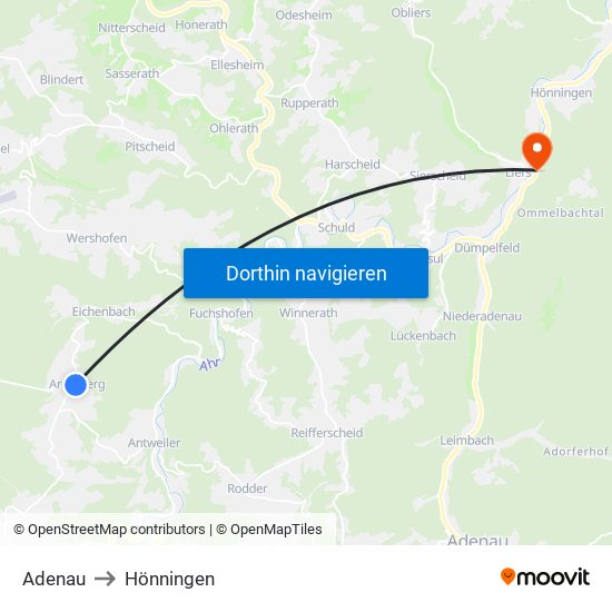 Adenau to Hönningen map