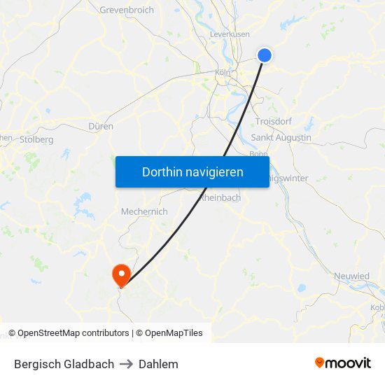 Bergisch Gladbach to Dahlem map