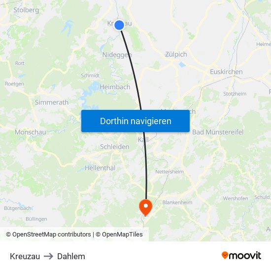 Kreuzau to Dahlem map