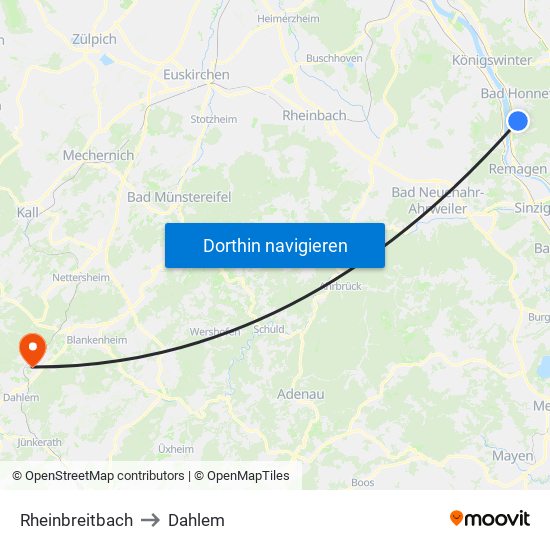 Rheinbreitbach to Dahlem map