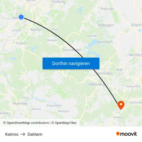 Kelmis to Dahlem map