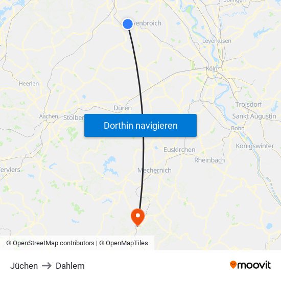 Jüchen to Dahlem map