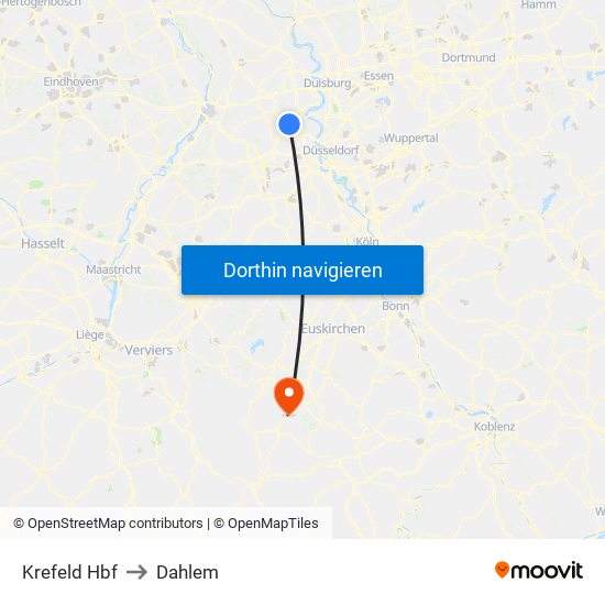 Krefeld Hbf to Dahlem map