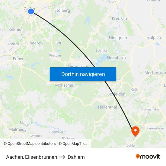 Aachen, Elisenbrunnen to Dahlem map