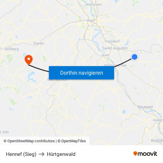 Hennef (Sieg) to Hürtgenwald map