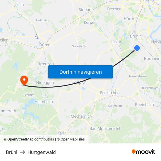 Brühl to Hürtgenwald map