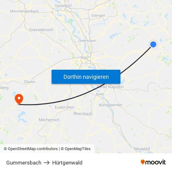 Gummersbach to Hürtgenwald map