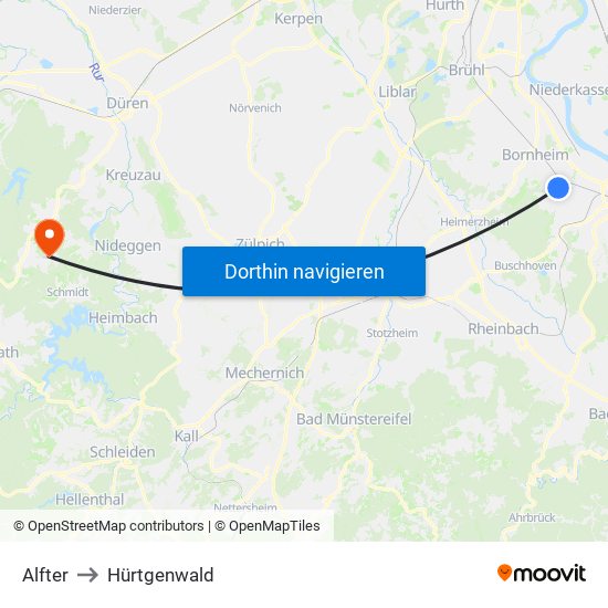 Alfter to Hürtgenwald map